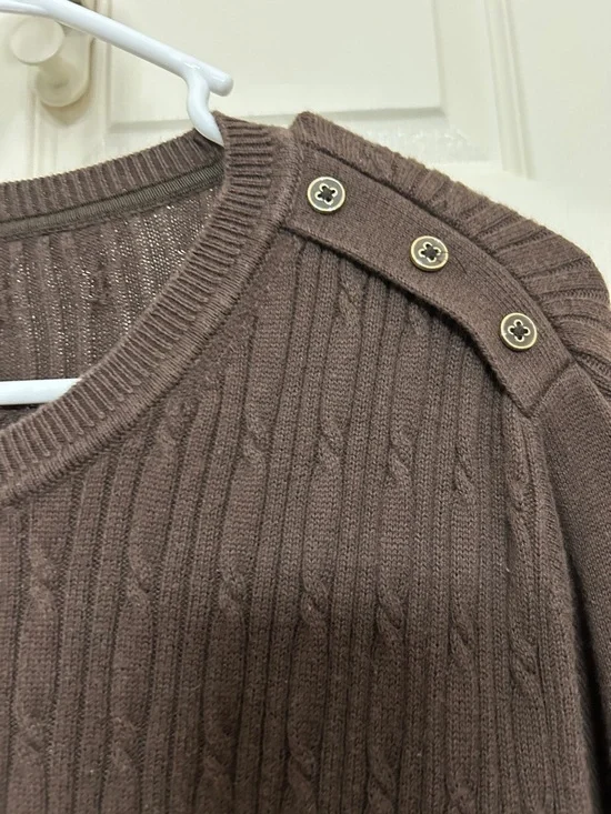 Kim Rogers Chocolate Brown Cotton Cable Knit Button Shoulder Crewneck Sweater L - Picture 4 of 15